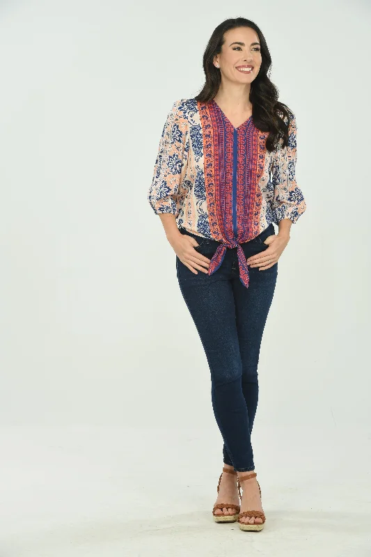 3/4 Sleeve Del Rio Border Print Blouse