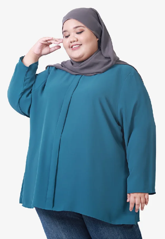 Nedia Front Pleated Long Sleeve Blouse - Teal