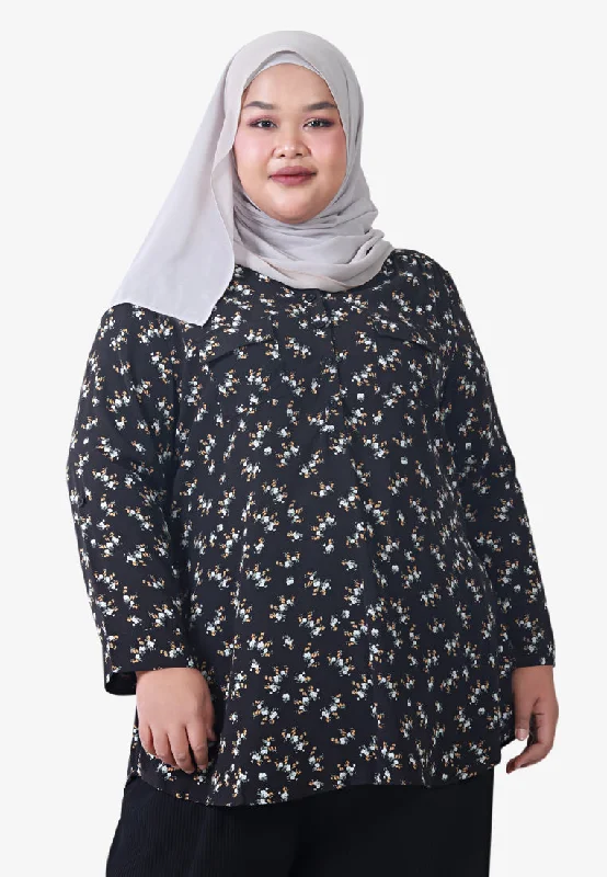 Fyoni Stand Collar Half Button Floral Blouse - Black