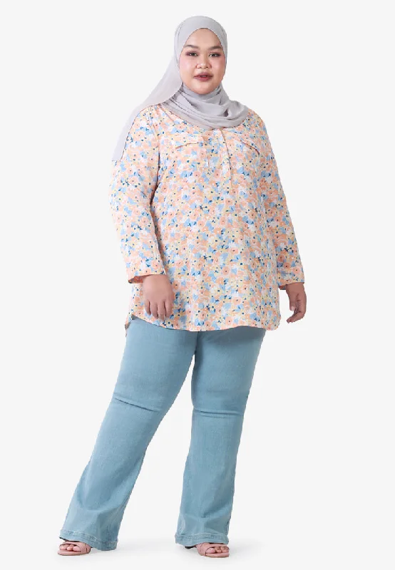 Fyoni Stand Collar Half Button Floral Blouse - White Orange