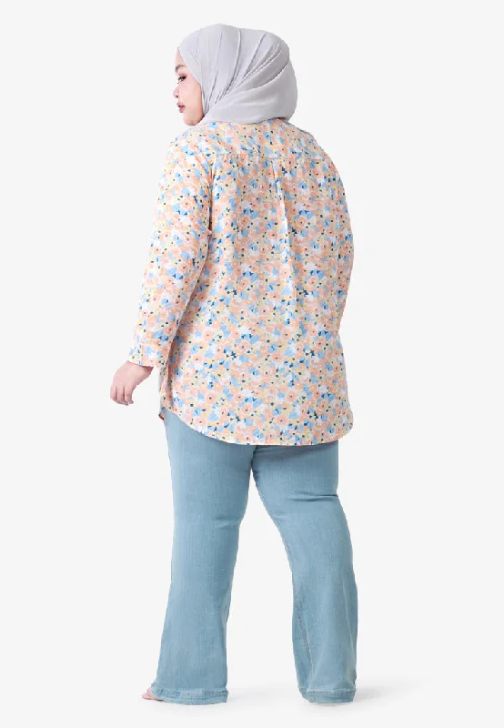 Fyoni Stand Collar Half Button Floral Blouse - White Orange