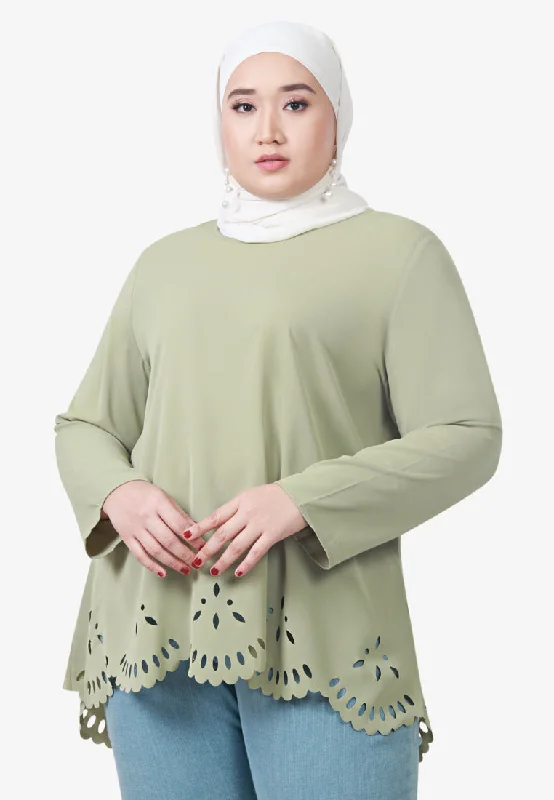 Lasey Minimalist Laser Cut Embroidery Blouse - Light Green