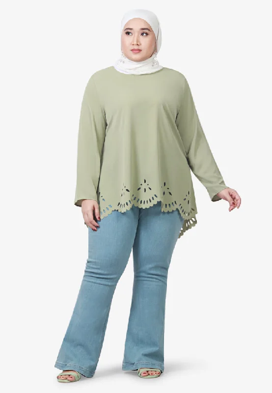 Lasey Minimalist Laser Cut Embroidery Blouse - Light Green