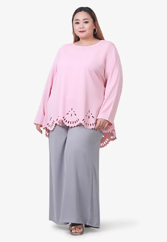 Lasey Minimalist Laser Cut Embroidery Blouse - Light Pink