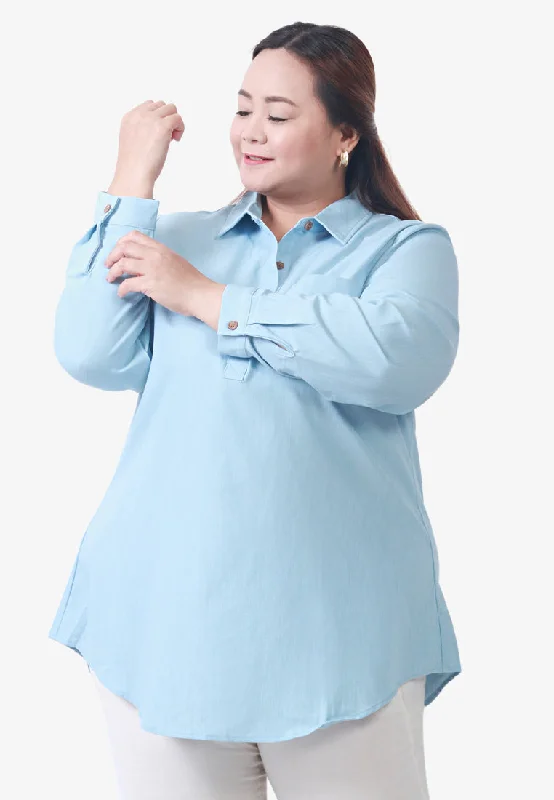 Hadele Half Button Denim Blouse - Light Blue