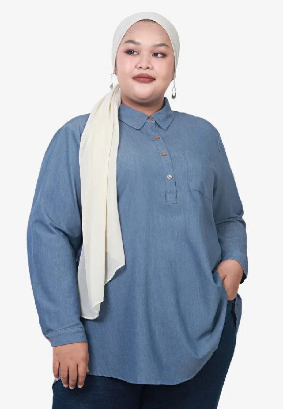 Hadele Half Button Denim Blouse - Light Blue