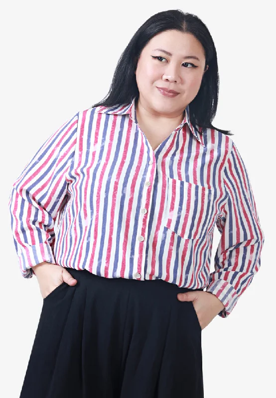 Retro Bold Long Sleeves Stripes Shirt - Blue Red