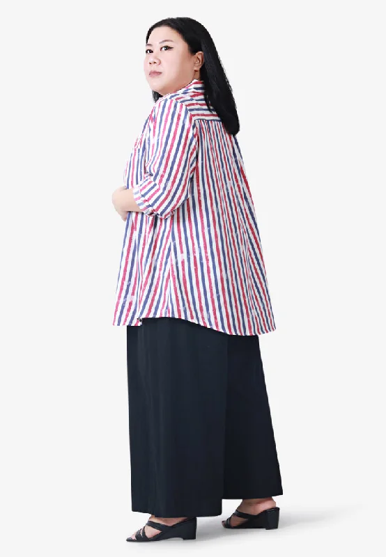 Retro Bold Long Sleeves Stripes Shirt - Blue Red