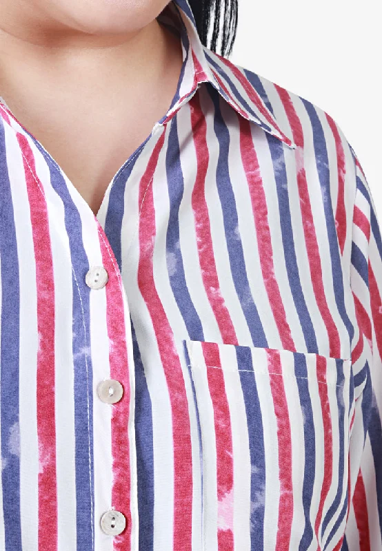 Retro Bold Long Sleeves Stripes Shirt - Blue Red