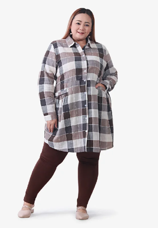 Bethany Pocket Checkered Long Shirt - Brown