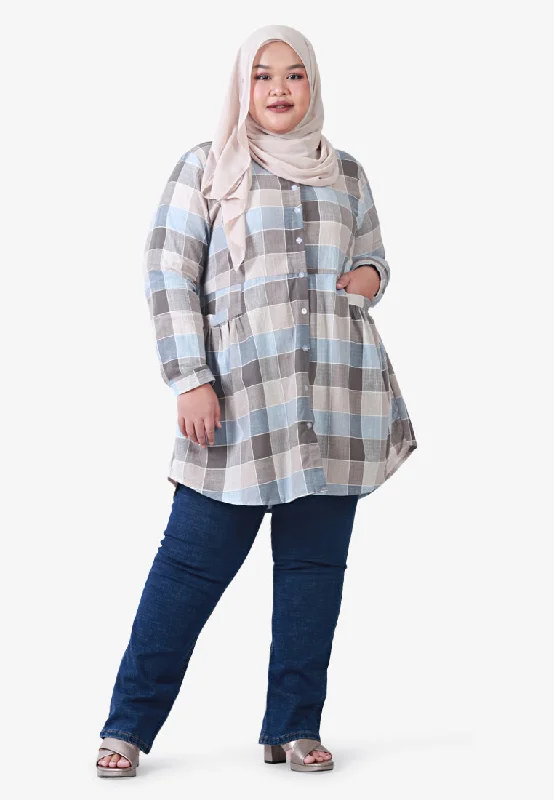 Bethany Pocket Checkered Long Shirt - Blue