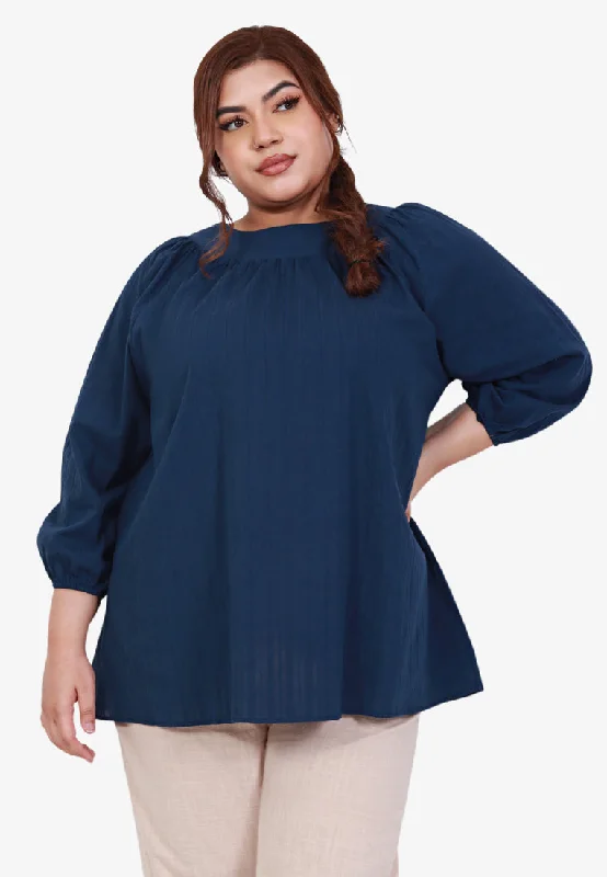 Babetta Round Neck Textured Cotton Blouse - Dark Blue