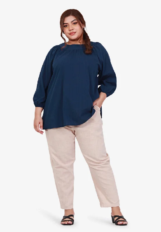 Babetta Round Neck Textured Cotton Blouse - Dark Blue