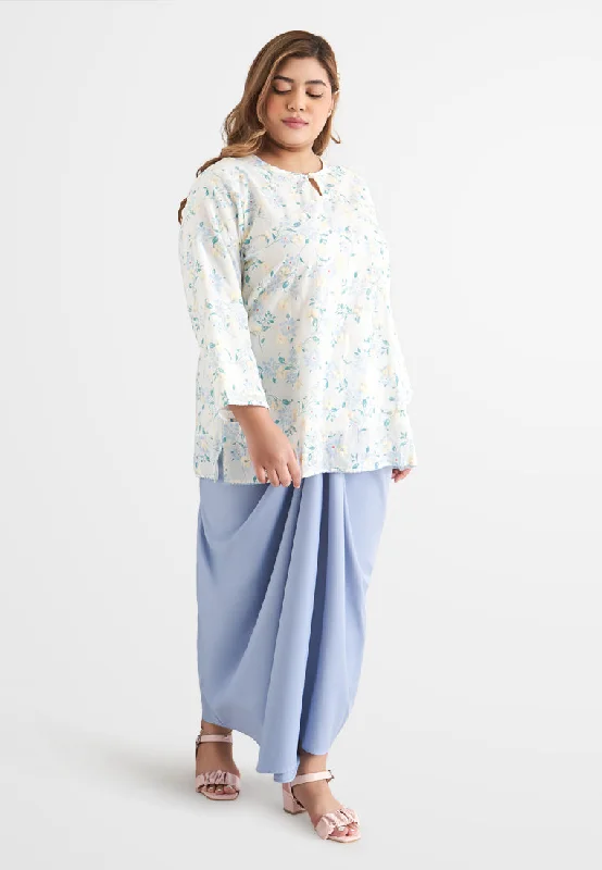 Intan Cotton Embroidery Kurung Kedah Top - Blue