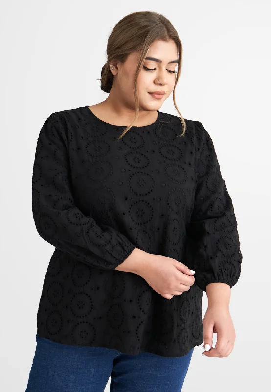 Emelda Embroidery Eyelet Blouse - Black