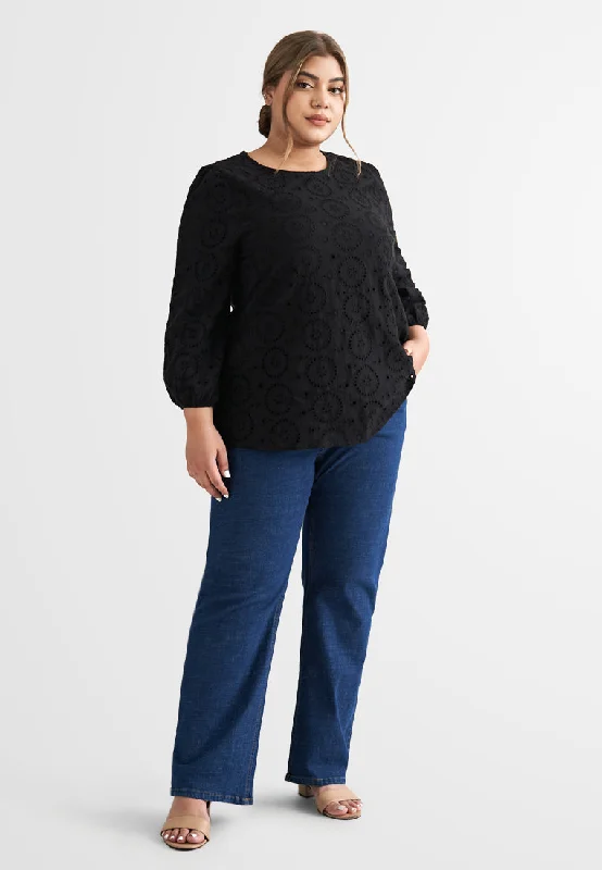 Emelda Embroidery Eyelet Blouse - Black