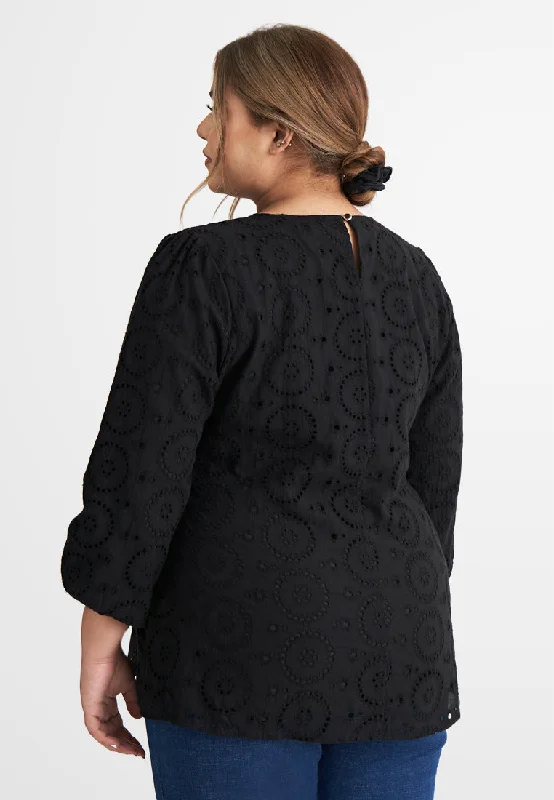 Emelda Embroidery Eyelet Blouse - Black