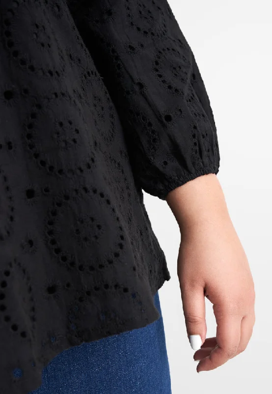 Emelda Embroidery Eyelet Blouse - Black