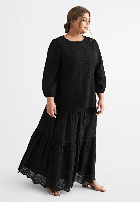 Emelda Embroidery Eyelet Blouse - Black