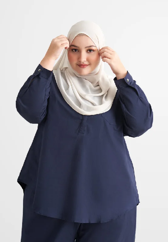 Zeah Linen Stand Collar Top - Dark Blue