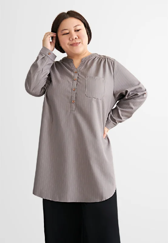 Eva Embedded Striped Stand Collar Tunic Top - Grey