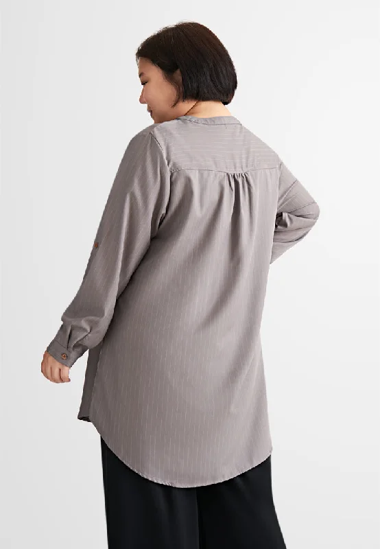 Eva Embedded Striped Stand Collar Tunic Top - Grey