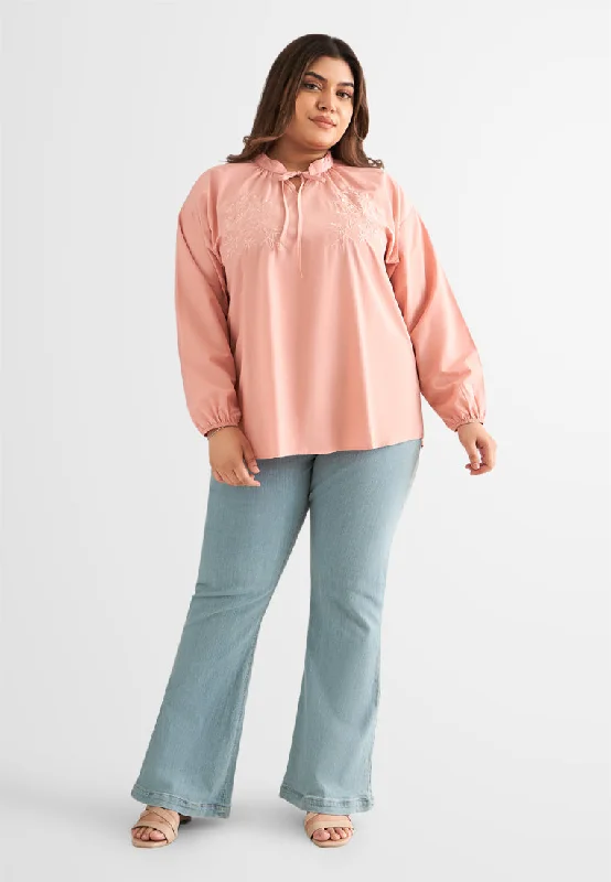 Edie Bohemian Tie Front Embroidery Blouse - Pink