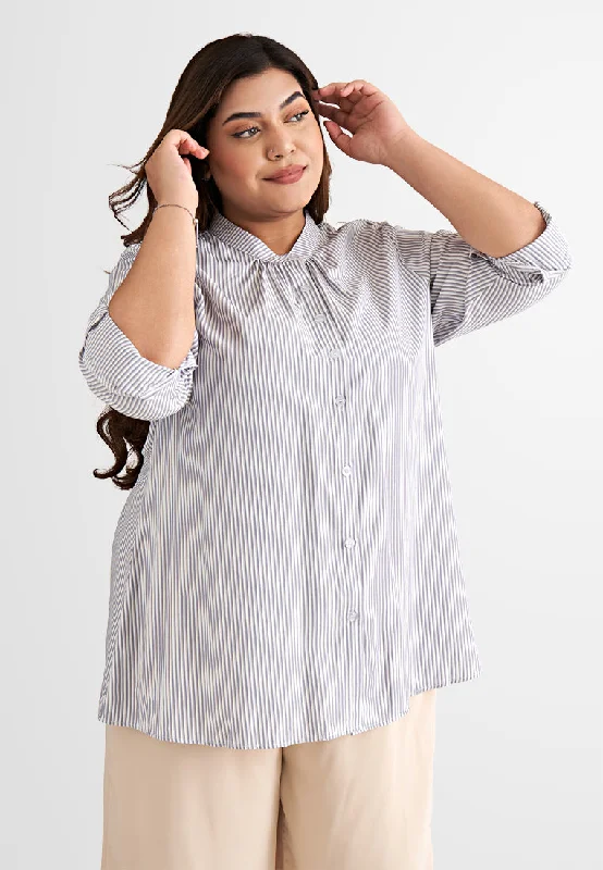 Sammie Stripes Stand Collar Button Blouse - Grey