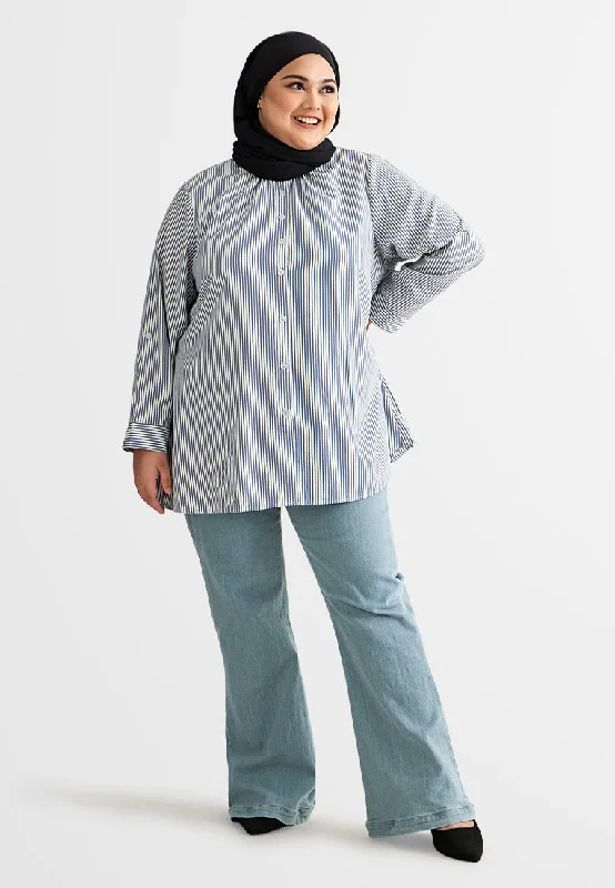 Sammie Stripes Stand Collar Button Blouse - Blue