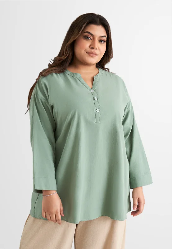 Leia Linen Half Button Stand Collar Blouse - Mint Green