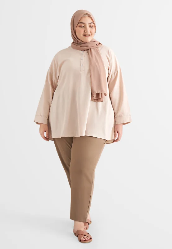 Leia Linen Half Button Stand Collar Blouse - Beige