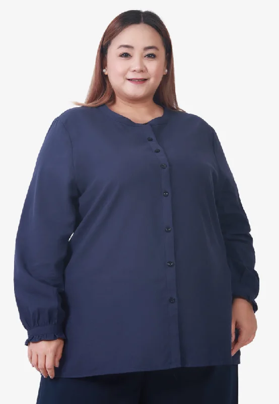 Robbyn Round Neck Button Blouse - Dark Blue