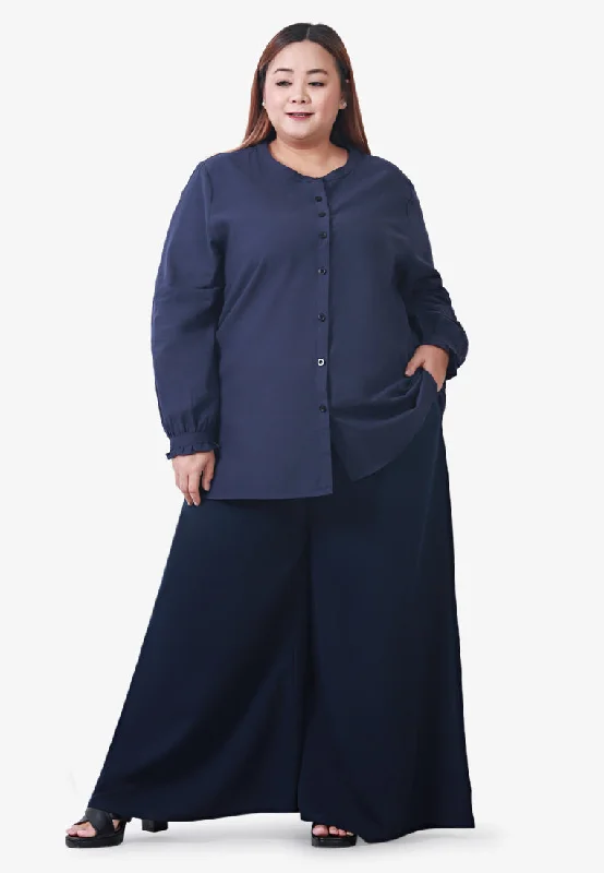 Robbyn Round Neck Button Blouse - Dark Blue