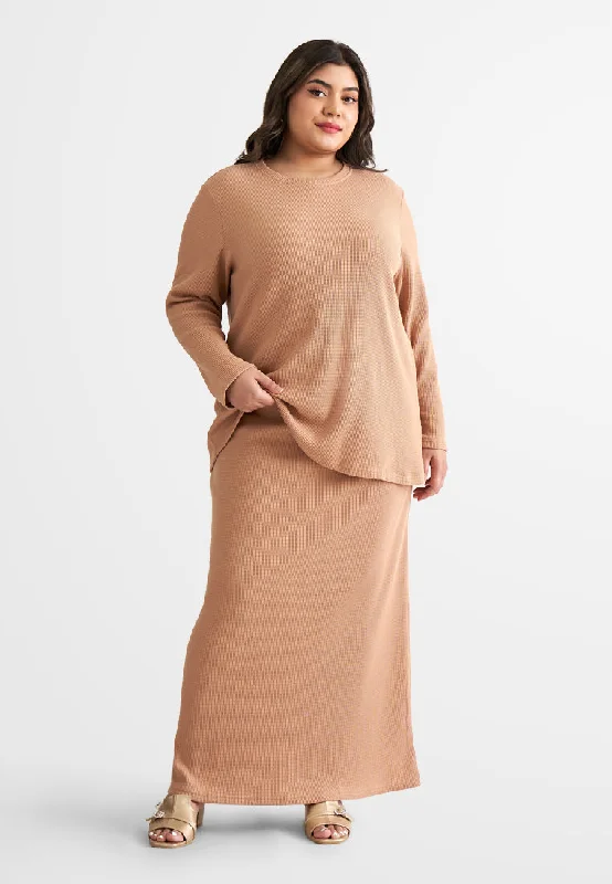 Wafah Long Sleeves Waffle Top - Beige