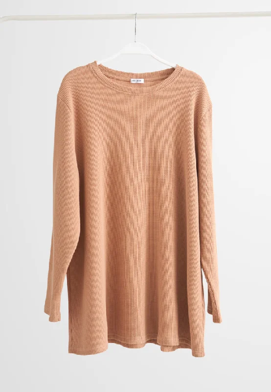 Wafah Long Sleeves Waffle Top - Beige