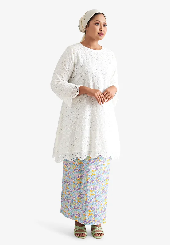 Laila Raya Eyelet Collection Long Eyelet Kurung Top - White