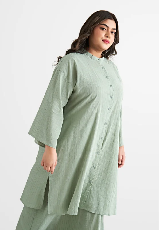 Rashida Long Cotton Button Kurung Top - Green