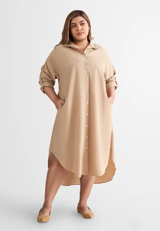 Linisha Minimalist Long Dress Shirt - Khaki