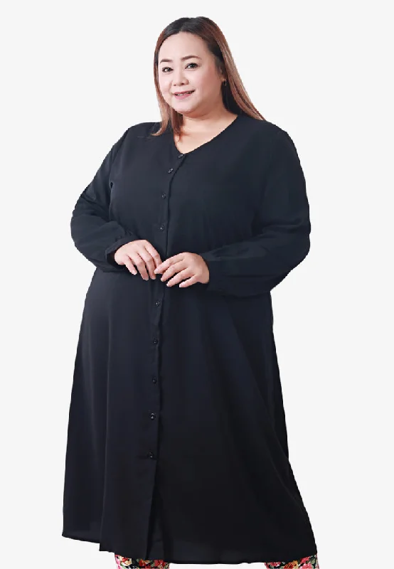 Breezie V-Neck Button Long Blouse - Black