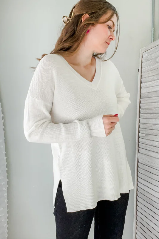 Waffle Knit V-Neck Sweater