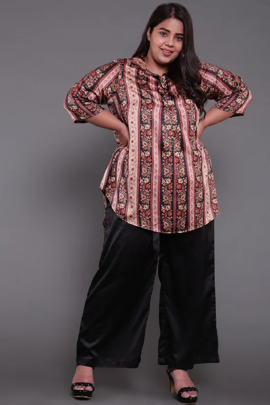 Beige Ethnic Centre Pleat Satin Top