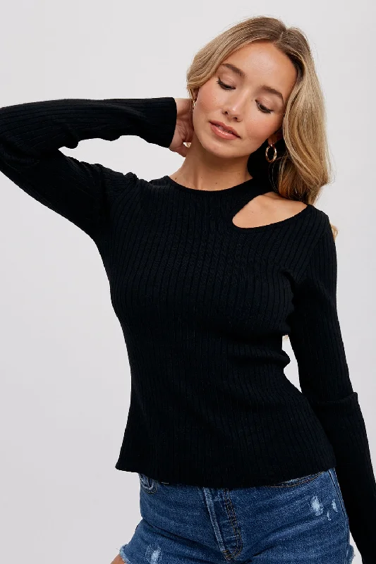 Black Cutout Shoulder Ribbed Top