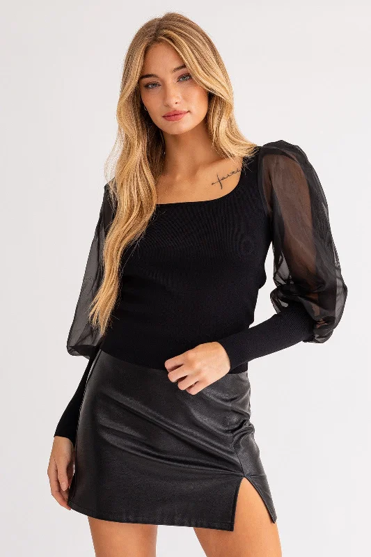 Black Puff Long Sleeve Ribbed Top