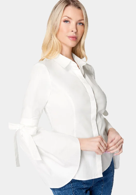 Button Down Bell Sleeve Poplin Blouse