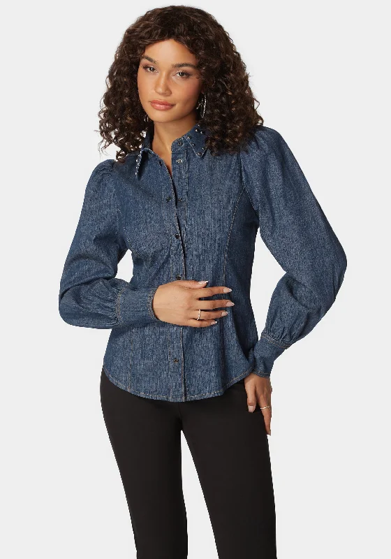 Button Front Studded Collar Denim Shirt