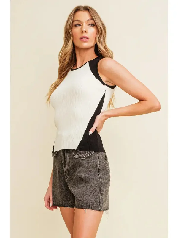 Cream and Black Knit Sleeveless Top