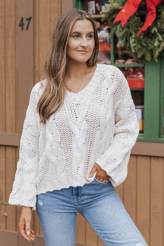 Cream V Neck Cable Knit Sweater - FINAL SALE