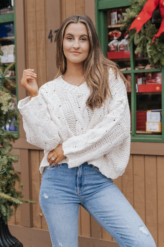 Cream V Neck Cable Knit Sweater - FINAL SALE