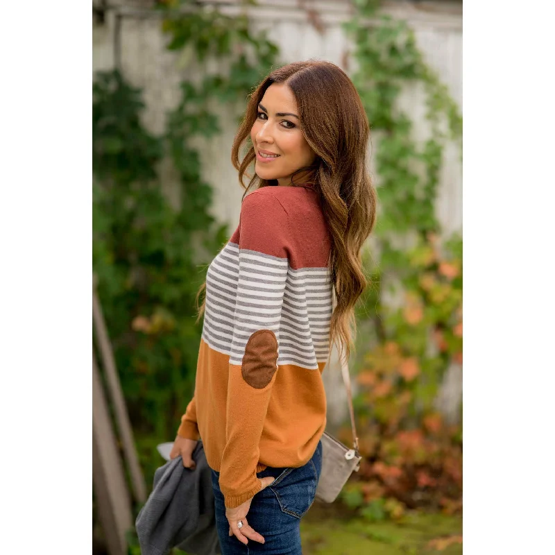 Elbow Patch Double Blocked Striped Sweater