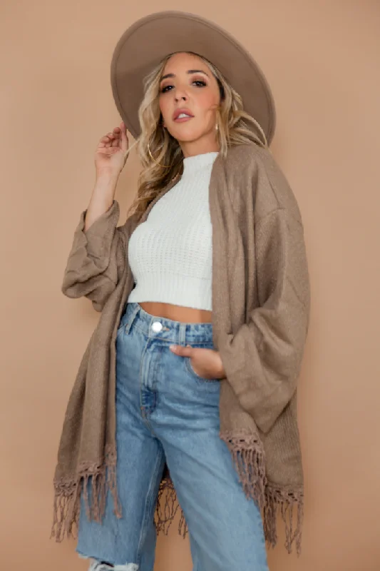 Fringe Poncho Sweater - Beige